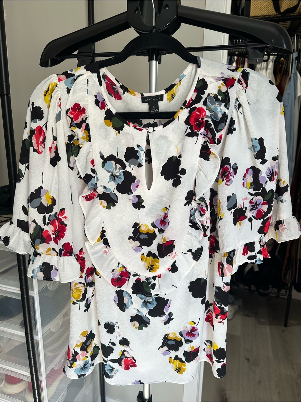 Ann Taylor White Floral Ruffle Keyhole Top with Multicolor Blooms
